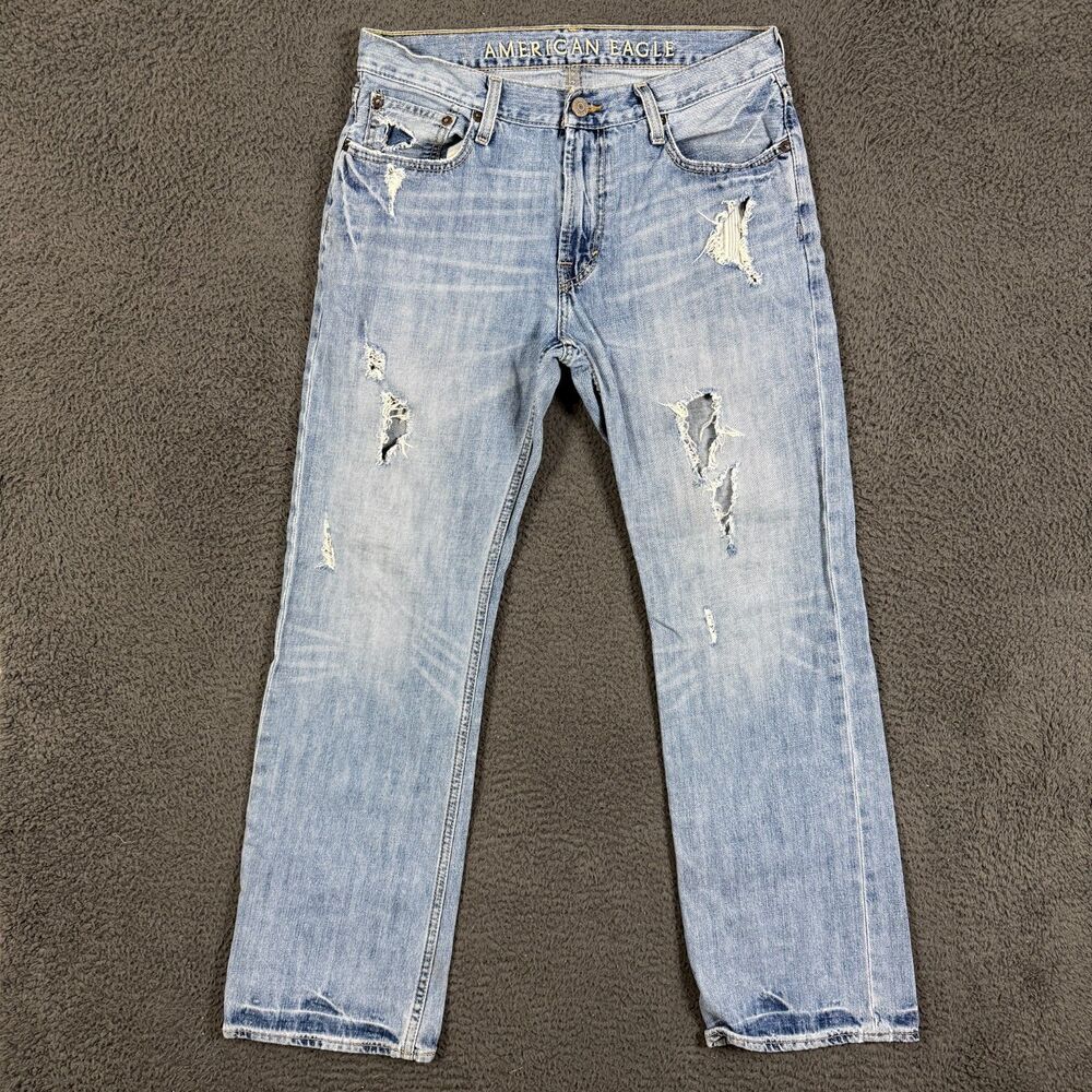 American Eagle Jeans Mens 32x32 Blue Low Rise Bootcut Light Wash Distressed Y2K